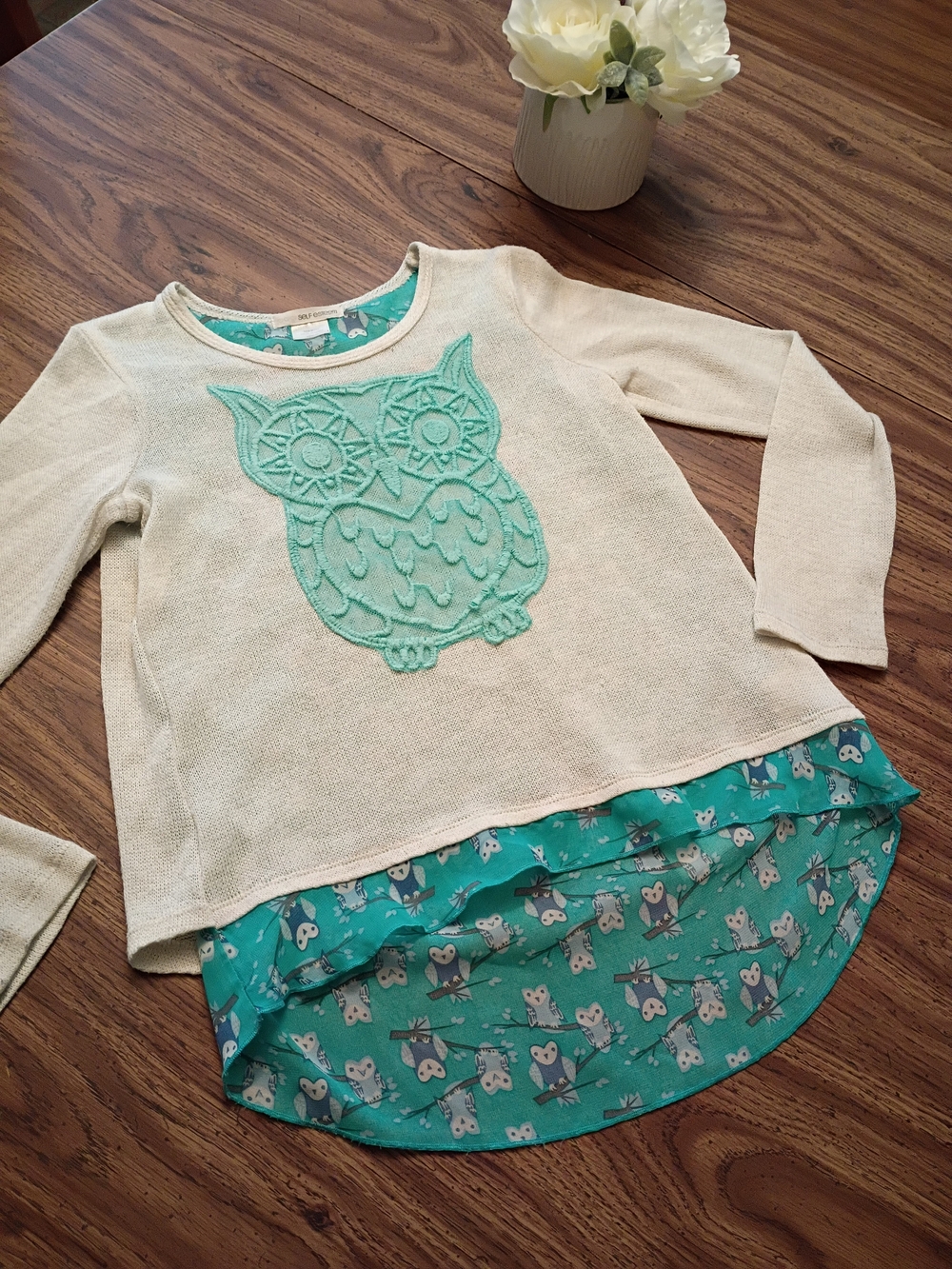 Self Esteem Teal Owl Print Headband with Cream Knit Trim